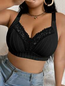 DesireSculpt 1pc Plus Size Lace Patchwork Wireless Bra - Black - View 6
