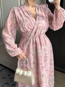 Dazy Plus 大码碎花雪纺灯笼袖收腰长款连衣裙，优雅度假风，春夏吊带裙 - 紫色 - 查看 2