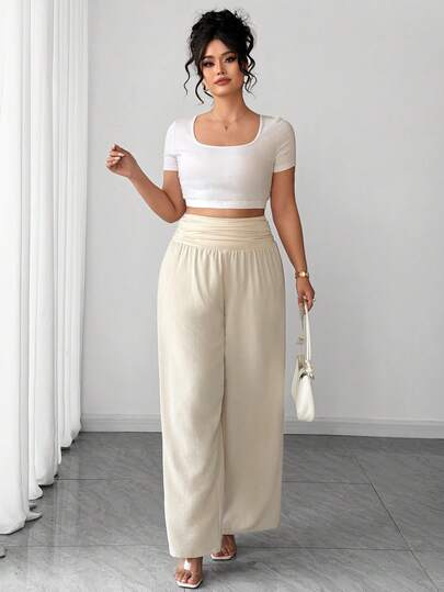 Elenzga Quần ống rộng cạp cao xếp ly màu trơn đơn giản dành cho nữ cỡ lớn, thích hợp mặc hàng ngày đi làm.