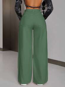 SHEIN Tall Women's Casual Fashion Street Loose Frayed Hem Wide Leg Jeans - Green - View 2