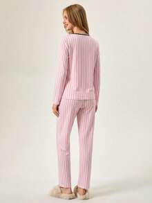 Loomlin Cotton 2Pcs  Striped&Slogan Printed Long Sleeve Shirt And Striped Long Bottom Lounge Set - Pink - View 2