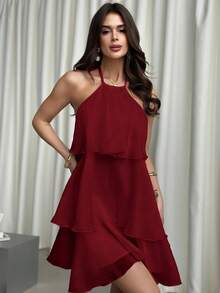 SHEIN Tall CURVE Plus Size Women Solid Color Multi-Layer Ruffle Neck Dress Curve Dresses Ruffle Dress For Women - Red - View 7