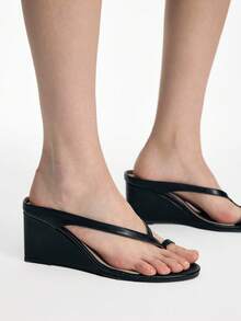 Mnmlis 女士纯色时尚百搭坡跟凉鞋，适合日常穿着 - 黑色 - 查看 1