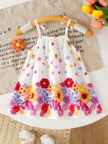 SHEIN Váy bé gái, đầm bé gái họa tiết hoa, dây đeo yếm và nơ, kiểu dáng thanh lịch và tươi mát mùa hè. - trắng - Xem 2