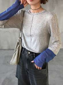 FRIFUL Women's Color Block Round Neck Long Sleeve Cuff Splice Slim Fit Casual Versatile T-Shirt - Light Grey - View 7