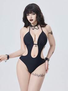 ROMWE Goth 2026春夏哥特吸血鬼角色扮演服装，女士连体泳衣，优雅浪漫神秘性感镂空设计，精致蜘蛛形金属装饰，蝴蝶结颈带，黑色，修身连体泳衣，2026春夏女装新款，适合新年、情人节、返校、旅行、海滩、下午茶、野餐、派对、日常穿着、休闲、户外活动等场合，时尚百搭 - 黑色 - 查看 9