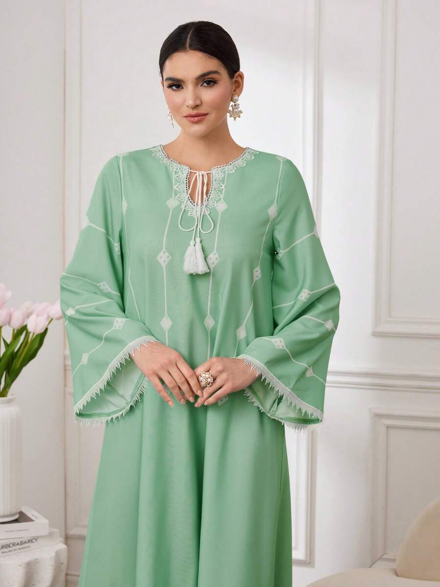 Al Najma 女士休闲印花流苏系领连衣裙 - 綠色 - 查看 1
