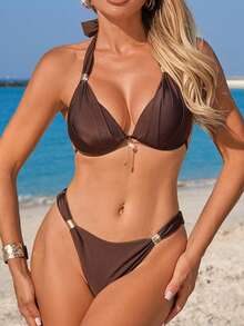 Swim Lushoire Women's Casual Vacation Rust Brown Textured Fabric Bikini Two Pieces Swimsuit - Coffee Brown - View 7