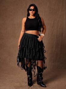 Rustia Chân váy nữ cỡ lớn màu trơn chất liệu lưới xếp ly, vạt bất đối xứng, kiểu dáng thường ngày. - màu đen - Xem 7