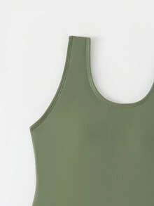 SHEIN 少女可爱纯色针织连体衣，搭配针织数码棕榈树印花短裤，时尚优雅的欧美风格，适合度假、游泳、海滩和夏季穿着。 - 墨綠色 - 查看 3