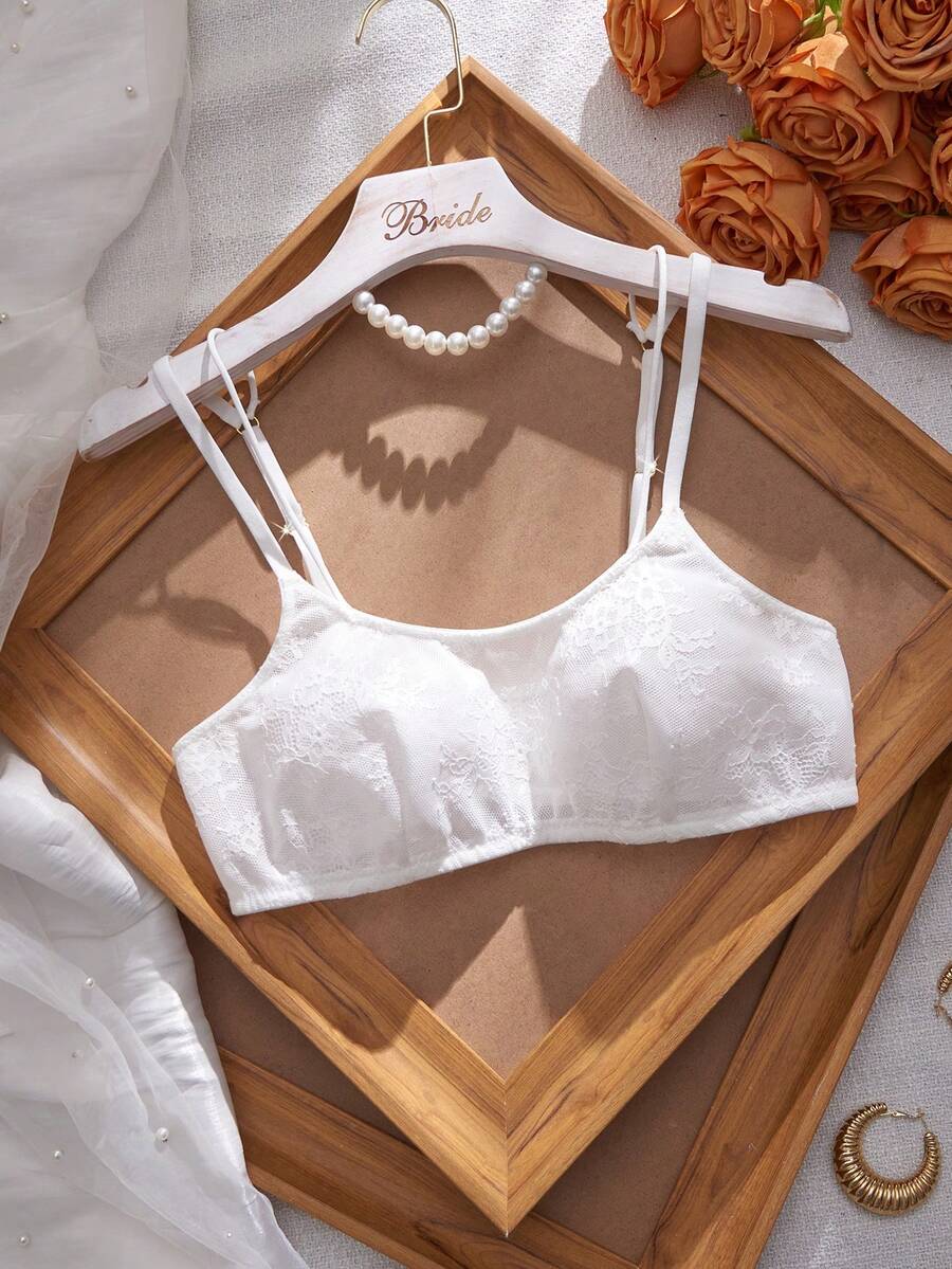 Crystal Vow Lencería de mujer con sujetador de tirantes finos de unicolor con parches de encaje y malla - Blanco - Ver 1