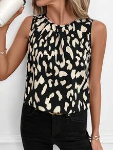 SHEIN Clasi 女士休闲无袖褶皱豹纹衬衫，夏季度假风 - 彩色 - 查看 4