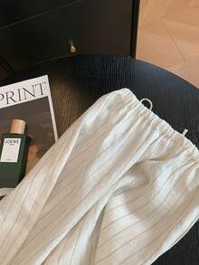 Airaco Women's Casual Striped Print Drawstring Waist Loose Wide Leg Pants, Suitable For Commuting And Vacation - White - View 2