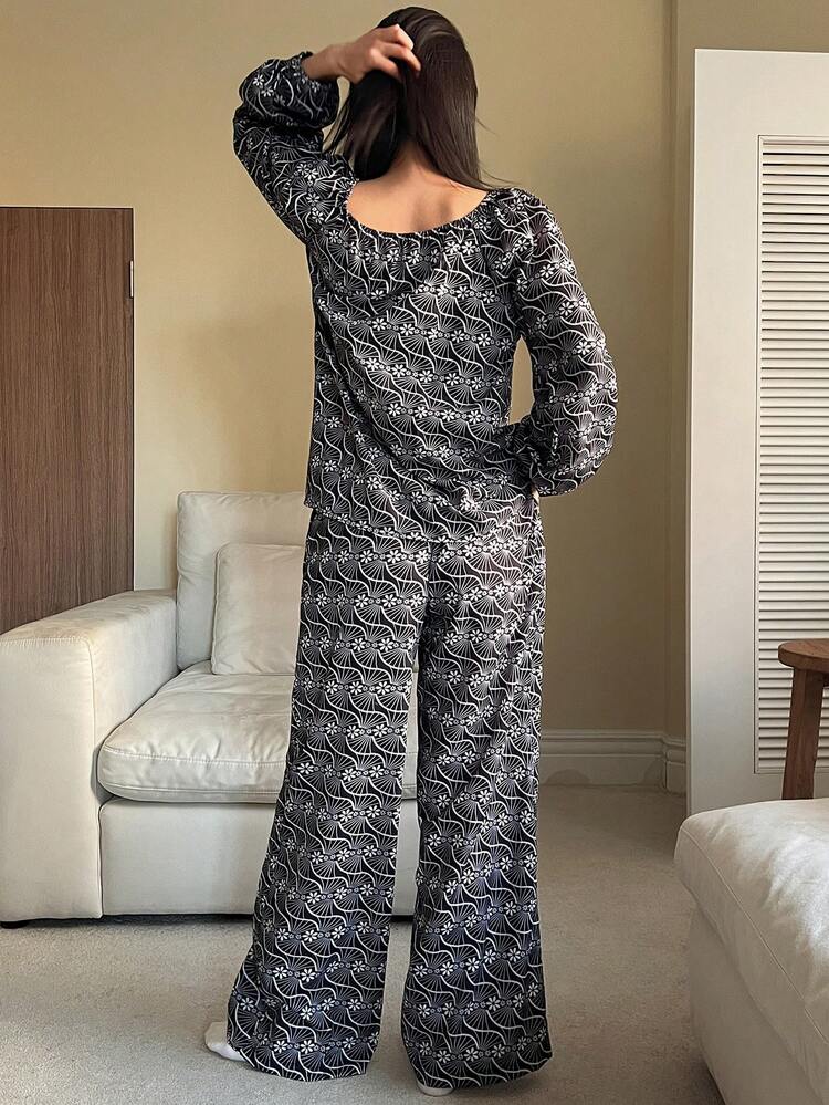 Woven Label Decorative Floral Print Loose Lantern Sleeve Women Pajama Set