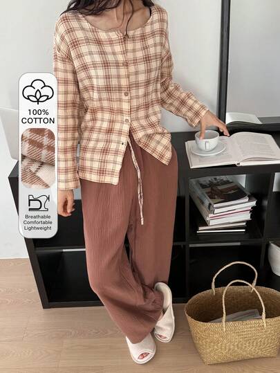 DAZY 格子宽松上衣和纯色睡裤女士睡衣套装