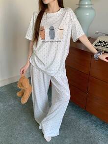 DAZY 两件套女士小熊印花波点宽松短袖睡衣套装 - 白色 - 查看 1