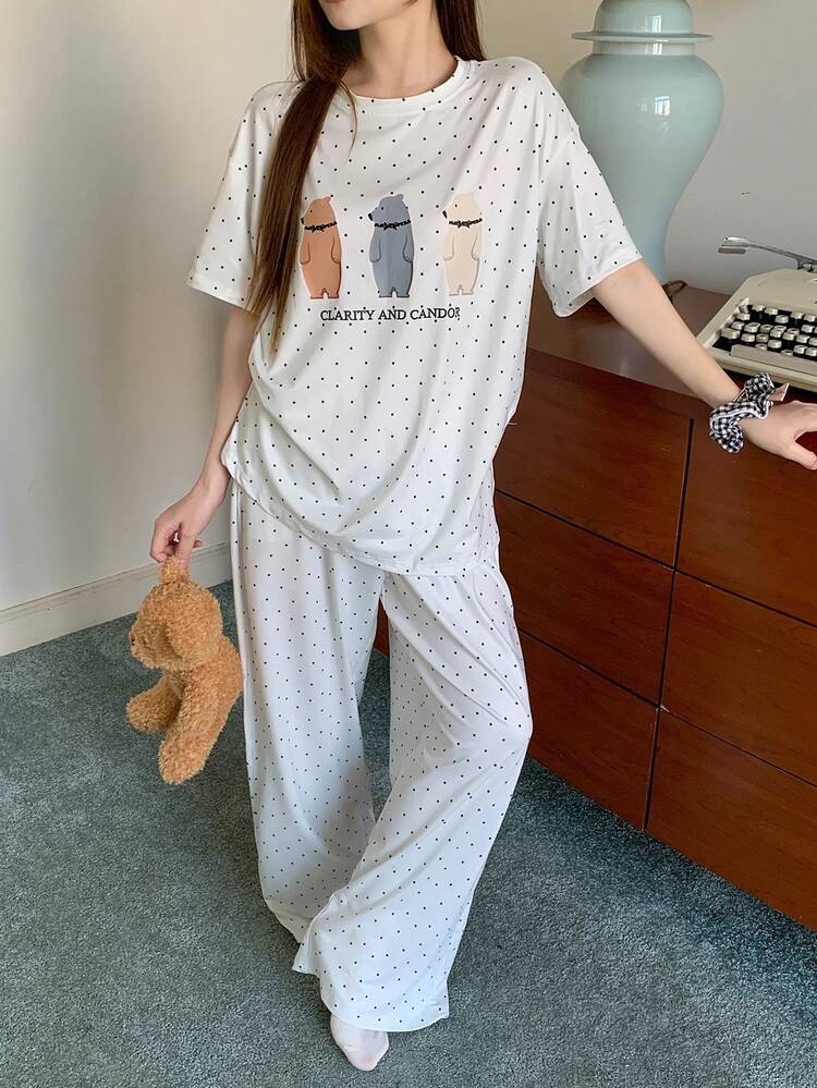 2pcs Women Bear Print Polka Dot Loose Short Sleeve Pajama Set