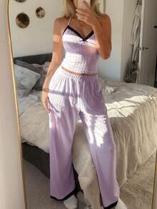DAZY Women's Jacquard Knit Contrast Lace Splice Spaghetti Strap Camisole & Loose Pajama Pants Sleepwear Set - Purple - View 5