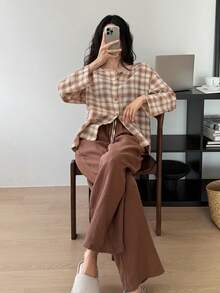 DAZY 格子宽松上衣和纯色睡裤女士睡衣套装 - 卡其色 - 查看 8