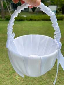 1pc White Petal Basket, Satin Bow Flower Basket, Suitable For Wedding - Multicolor - View 4