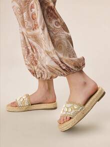 Styleloop 女士平底凉鞋，波西米亚风，复古美式，波西米亚风，西部音乐节，派对装扮 - 卡其1 - 查看 5