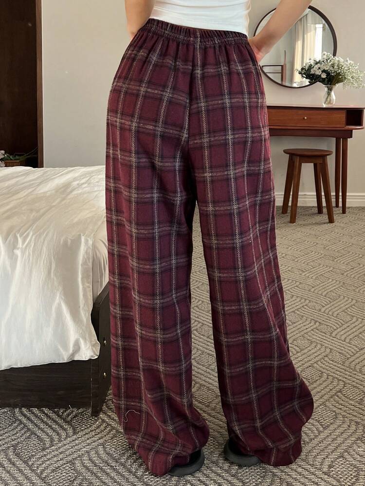 Tall Women's Elastic Waist Straight Leg Plaid Casual Pants, Street Style City Leisure