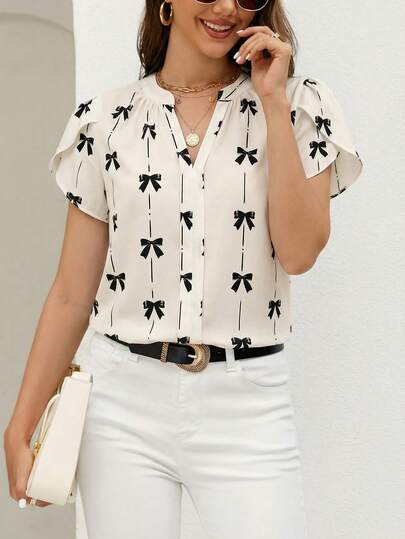 SHEIN Clasi เสื้อเบลาส์แขนบาน คอเว้า พิมพ์ลายผีเสื้อลำลองสำหรับผู้หญิง, ฤดูร้อน