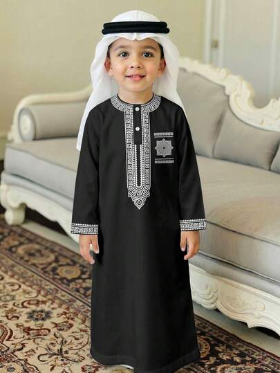 Young Boy Classic Geometric Print Middle Eastern Arabic Traditional Kaftan Shirt