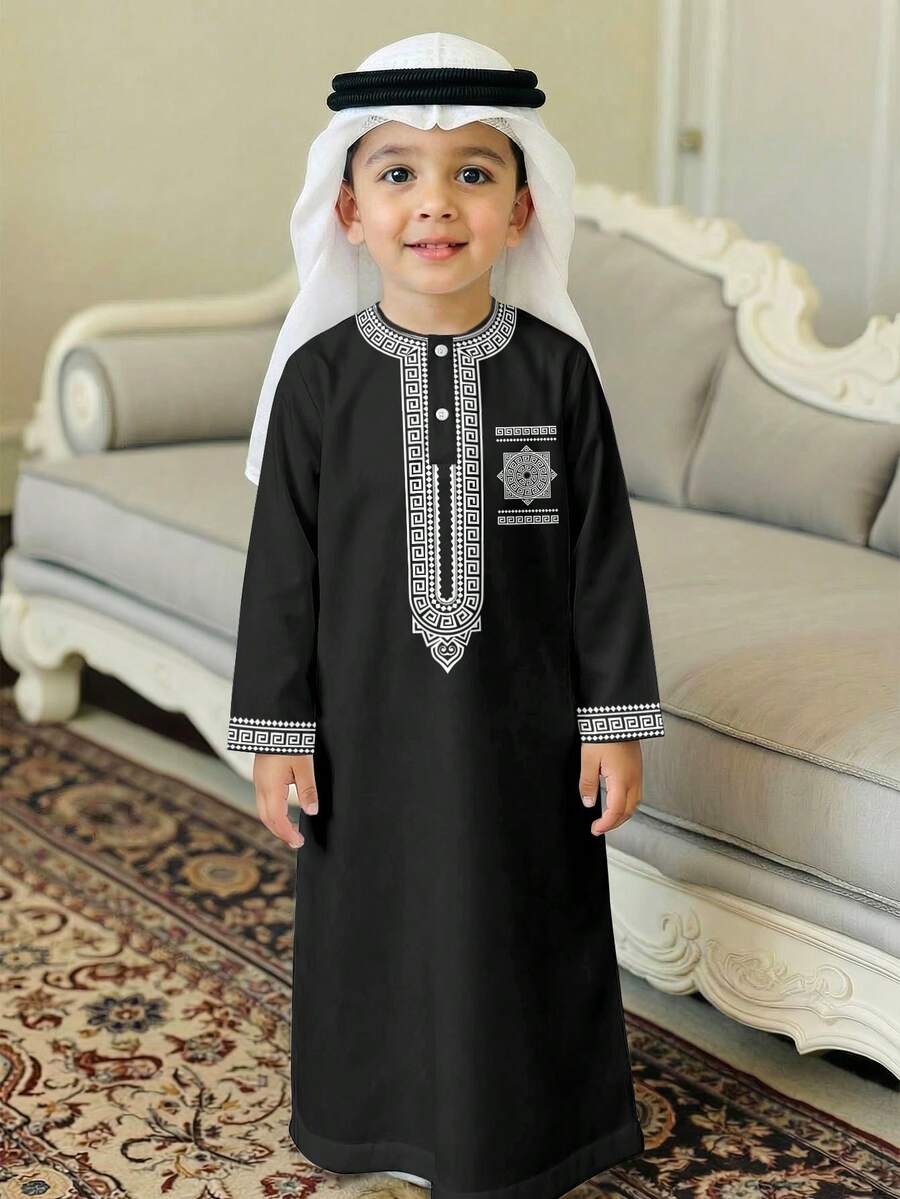 Young Boy Classic Geometric Print Middle Eastern Arabic Traditional Kaftan Shirt - Multicolor - View 1