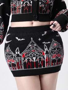 ROMWE Gothic Castle & Church Pattern Mini Bodycon Skirt For Plus Size Women - Black - View 1