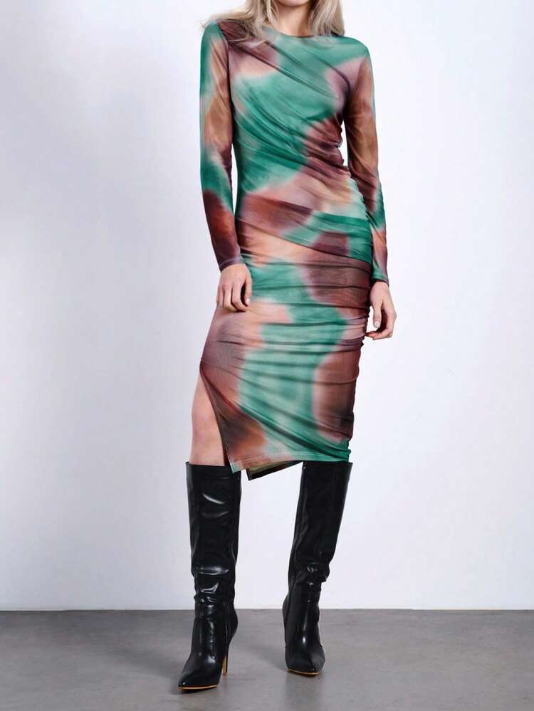 SHEIN Maija Women Fashion Tie Dye Print Color Matching Round Neck Long Sleeve Elegant Romantic Dress, Ruched Side Waist Design, Ideal For Spring/Summer, Valentine's Day, Holiday, Vacation Festival