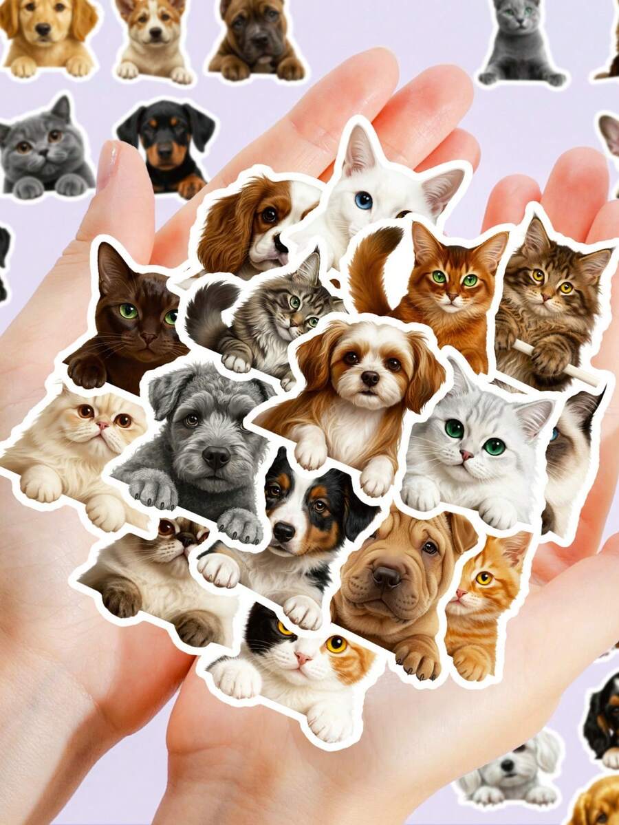 56sheets/Set Realistic Cat And Dog Doodle Stickers, Cute Pet Decorations For Suitcases And Mobile Phones - Multicolor - View 1