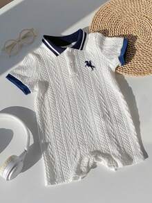 SHEIN 男女宝宝可爱撞色拼接Polo领短袖连体衣，春夏男宝宝服装套装 - 藏蓝色 - 查看 6