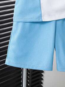 Vacaura 2pcs/Set Tween Boys' Blue, White & Navy Patchwork T-Shirt Paired With Blue Shorts, Soft & Comfortable Fabric, Suitable For Summer Outings, Photoshoots, School, And Various Occasions - Multicolor - View 9