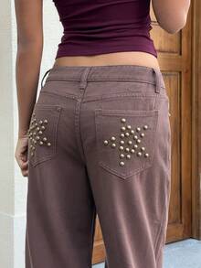 Siren Gaze Women's Low-Rise Wide-Leg Jeans With Studded Five-Pointed Star Pattern, Y2K Summer Casual, Music Festival. - Brown - View 2