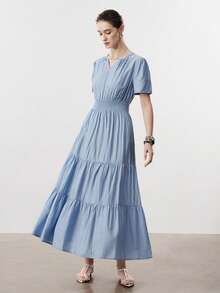 Aalyst Vestido Feminino para Primavera/Verão, Vestido de Linho Franzido Elegante e da Moda com Bolsos, Adequado para Ano Novo, Dia dos Namorados, Páscoa, Dia das Mães, Casamentos do Oriente Médio, Ambiente de Trabalho, Férias Românticas - Azul - Visão 5