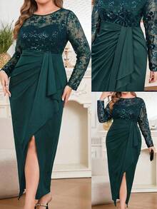 Modelyn Plus Size Elegant Party Sequin Embroidery Patchwork Wrap Dress - Dark Green - View 1
