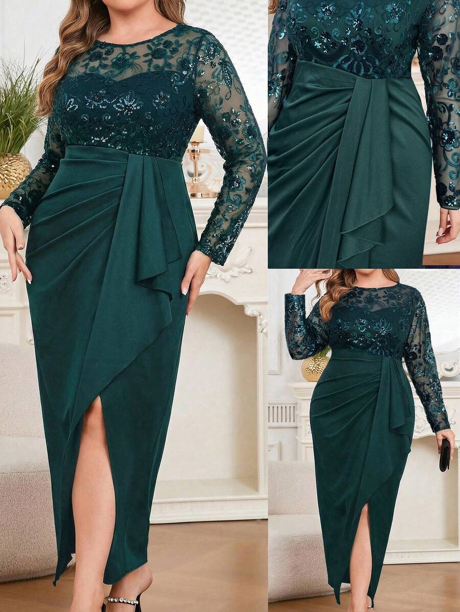 Modelyn Plus Size Elegant Party Sequin Embroidery Patchwork Wrap Dress - Dark Green - View 1