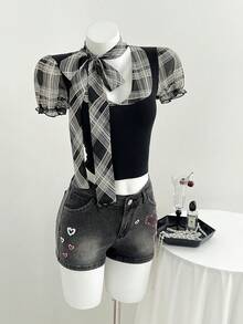 Elamini Short en jean décontracté à imprimé cœur strass pour femmes, style mode de rue chic pour le trajet quotidien, été - Gris - Voir 6