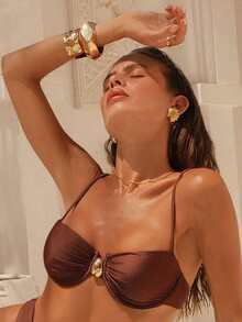 Swim Chiccia Solid Color Underwire Detachable Padded Swimwear Top With Metal Decor, Suitable For Beach, Vacation, Casual Push Up Bikini Top Bikini Top Push Up Brown Bathing Suit Women Brown Bikini Top Push Up Bra Swimsuit - Coffee Brown - View 3