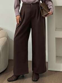 DAZY 女士纯色宽松直筒裤，松紧腰带，秋季女士正装裤 - 棕色 - 查看 3