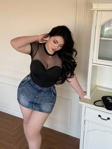 Vibekara Women's Black Polka Dot Patchwork Cropped Top, Sexy Mesh Sheer See-Through T-Shirt - Black - View 5