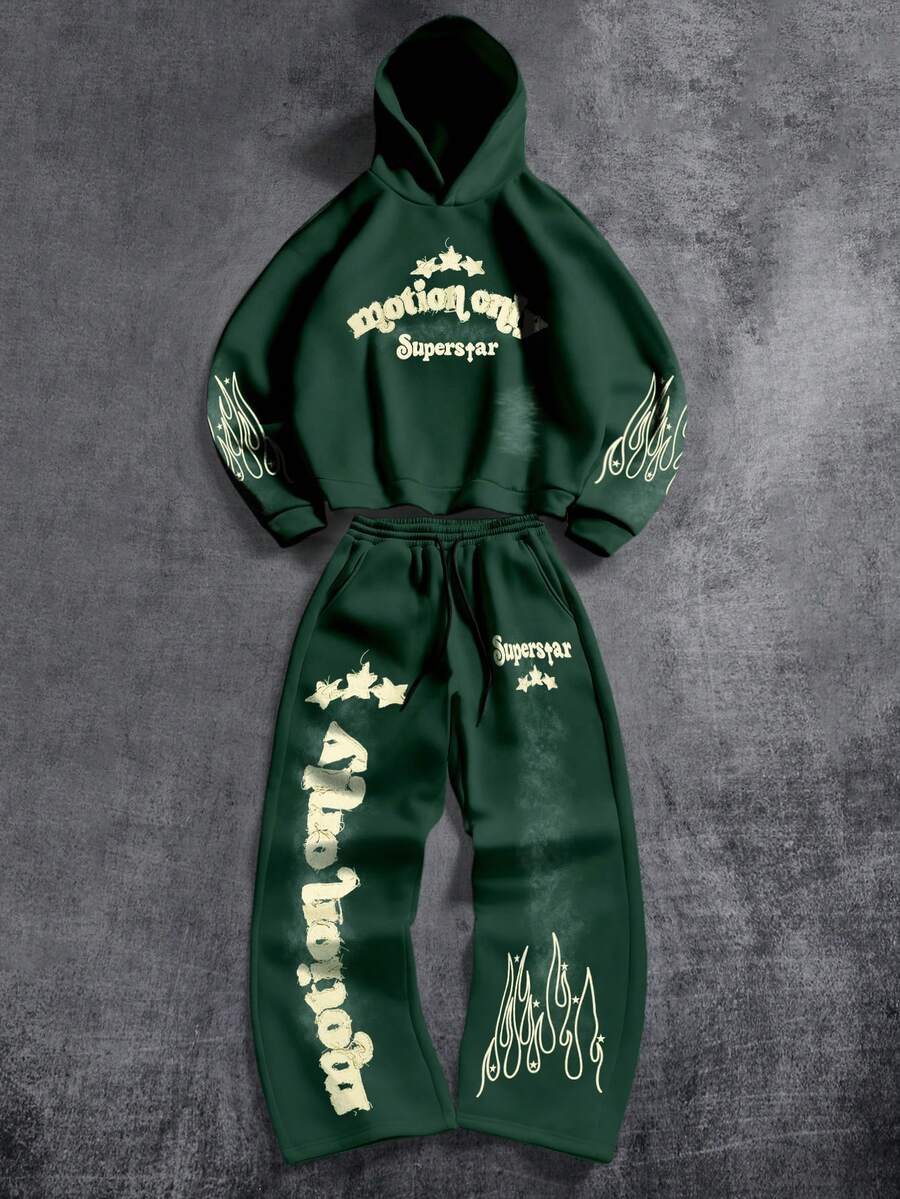 Manfinity ZONE917 Bộ áo hoodie và quần nỉ dáng rộng phong cách đường phố, in hình ngôi sao mờ "SUPERSTAR" và lớp lót giữ nhiệt, màu xanh đậm. - Màu xanh lá cây đậm - Xem 1