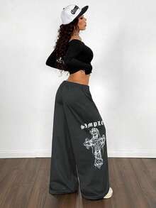 StreetHx 女士黑色朋克十字印花阔腿运动裤 - 深灰色 - 查看 2