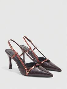 CUCCOO BIZCHIC 女士时尚露跟高跟鞋，T字带设计，纹理尖头，优雅中跟鞋 - 酒紅色 - 查看 7