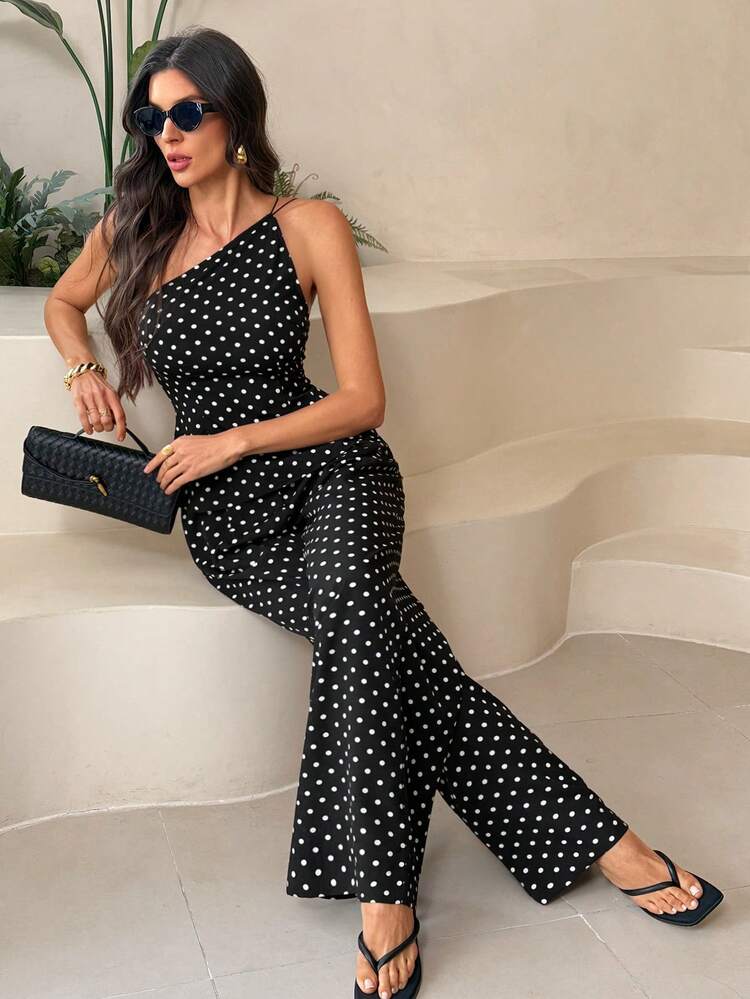 SHEIN Tall 2 piezas Conjunto de top y pantalones de mujer con lunares, uso casual minimalista para todos los días - Negro - Añade 8