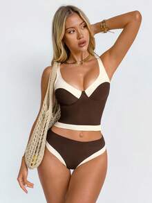 Shapewave Women's Brown & Beige Patchwork Tankini Set With Binding Waist - Multicolor - View 4