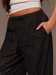 Athîral Women's Casual Vacation Lace Up Black Embroidered Woven Straight Leg Pants, Hollowed Out Black Pants, Black Pants, Embroidered Pants, Beach Wear, Outdoor Wear, Versatile Items, Summer Wear, Holiday Wear, Music Festival Wear - Black - View 4