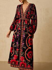 Travachic 女士印花深V领灯笼袖连衣裙，时尚假日连衣裙 - 黑色 - 查看 2