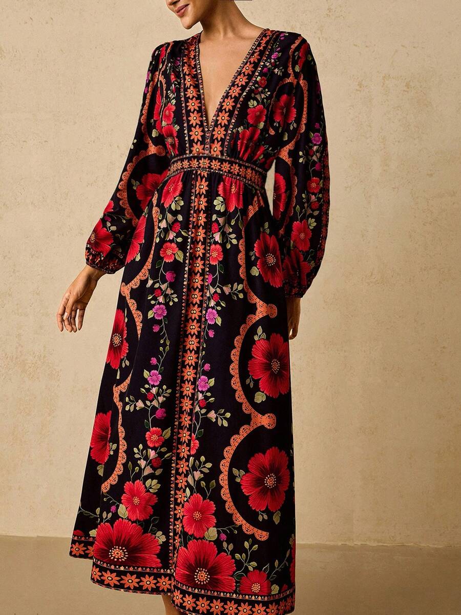 Travachic 女士印花深V领灯笼袖连衣裙，时尚假日连衣裙